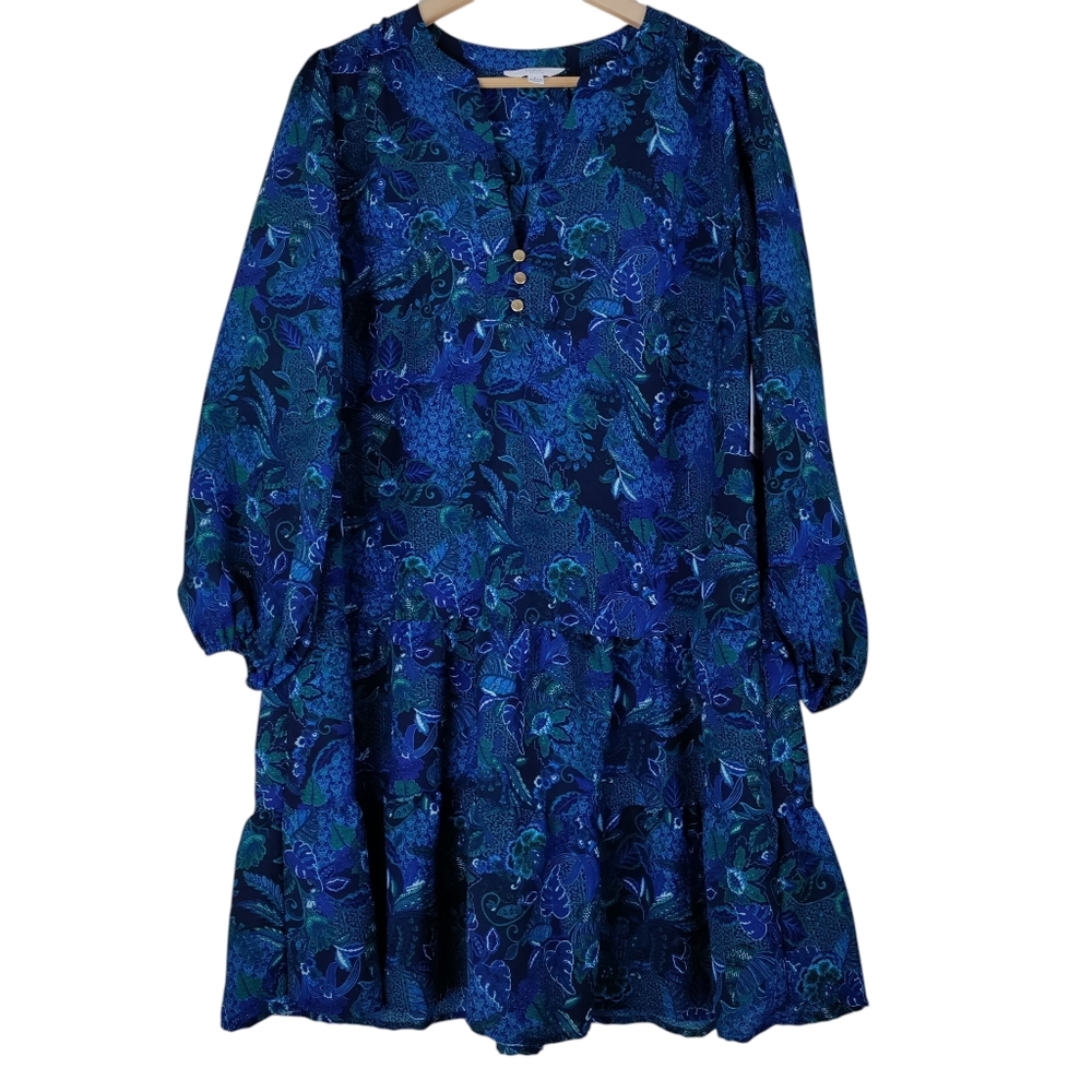 Time And Tru Tiered Blue Green Floral Ruffle Relaxed Fit Pullover Knee Dress